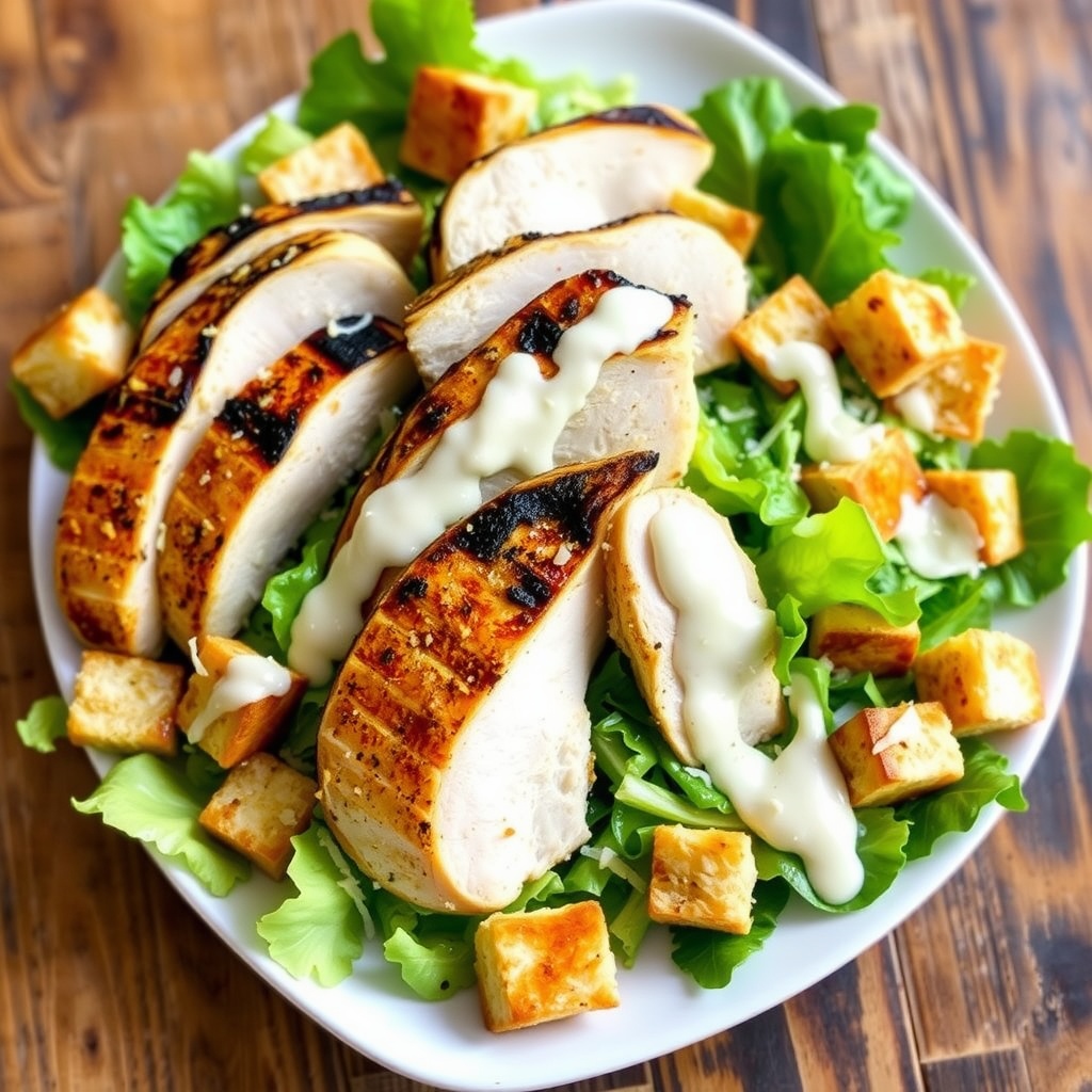 Classic Caesar Chicken Salad with grilled chicken, romaine lettuce, Caesar dressing, croutons, and Parmesan on a rustic table.